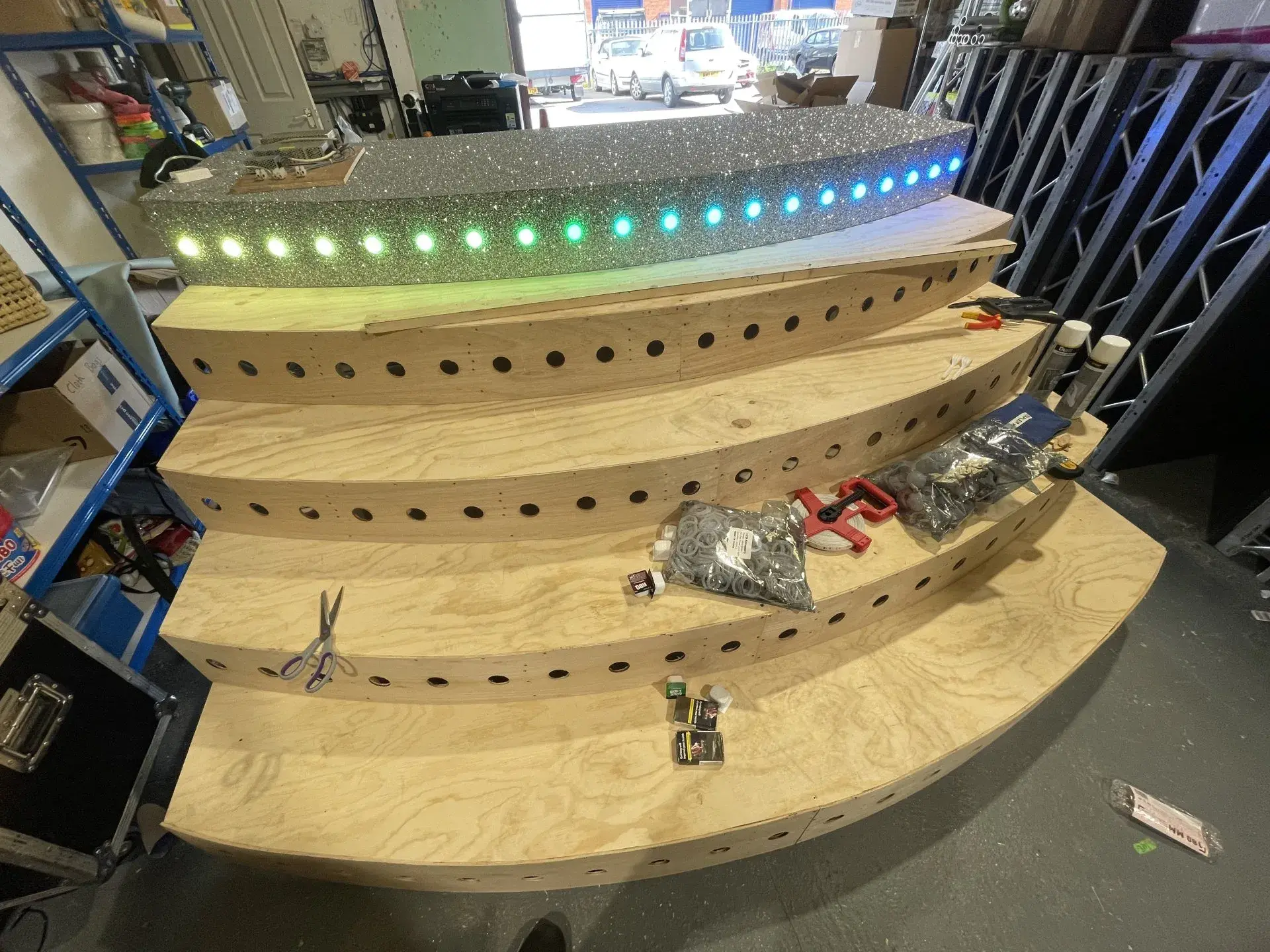 Custom LED stair scenic build in the Radical Events workshop