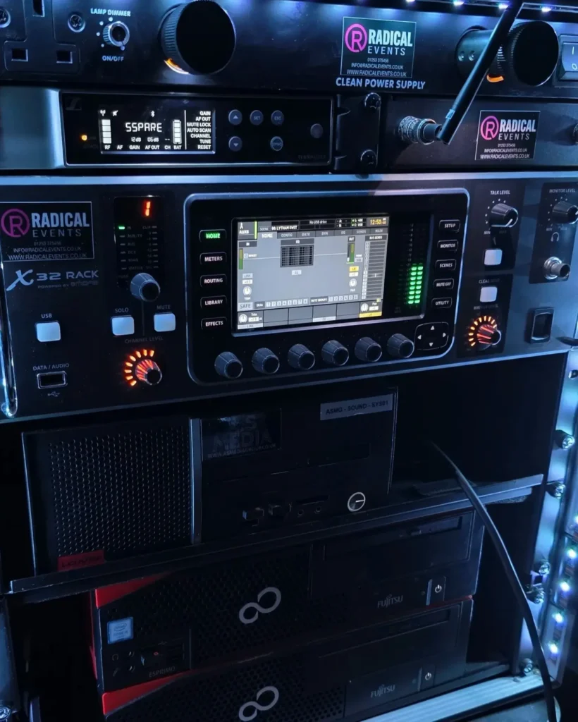 Racked control and network infrastructure with digital mixing